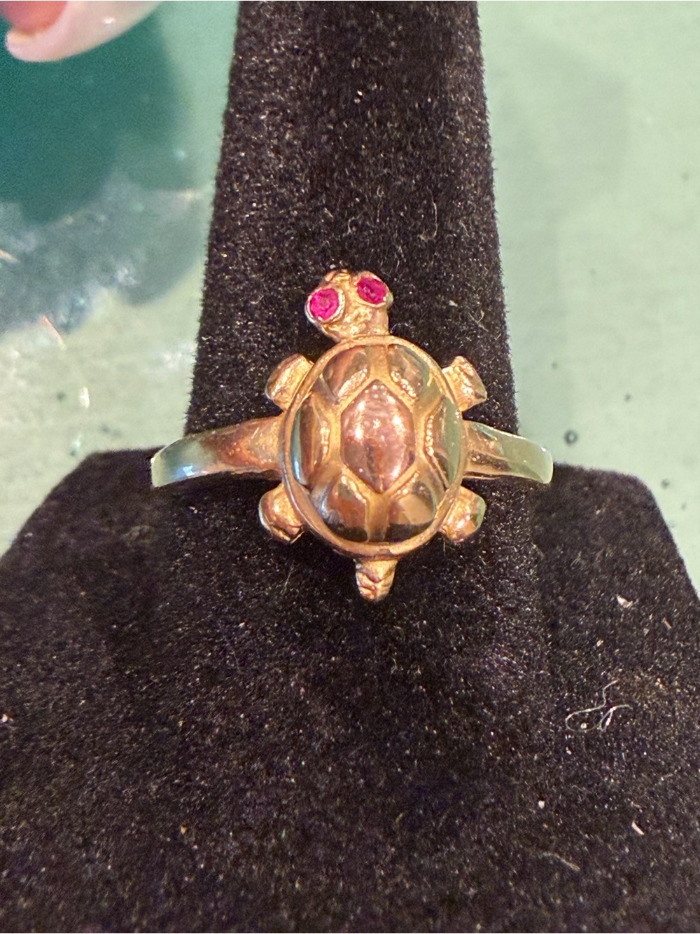 14k Gold Articulated Turtle Ring with Ruby Eyes
